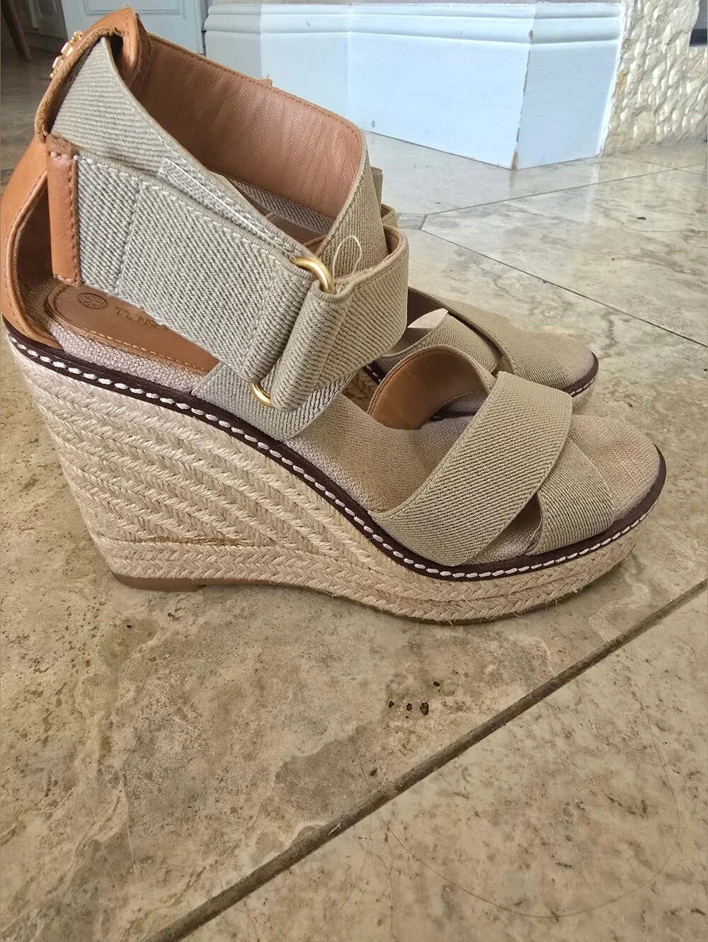 Tory Burch Freida 100MM Espadrille Wedge Tan Size 7 $278